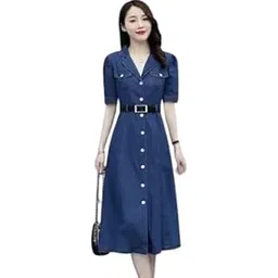oceanista Women's Denim Button-Down Midi Dress, Short Sleeve, Belted, Blue-picture-36