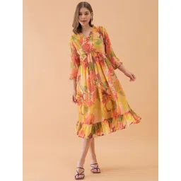 OCTICS Floral Print Bell Sleeve Georgette Fit & Flare Midi Dress-picture-32