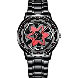 oculus Men's Racing Rim Design Rolling car Alloy Wheel, 360° Spinning Rotating gyro Dial, Black Stainless Steel Band, Quartz Movement, Red Accents Watch for Boys-picture-31