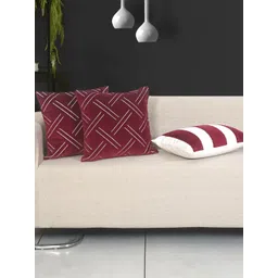 Ode & Cleo Maroon & White 3 Pieces Striped Velvet Square Cushion Covers-picture-23