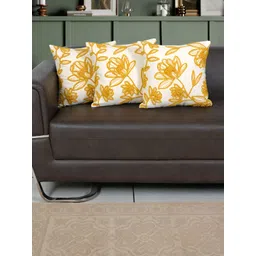 Ode & Cleo Mustard & White Set of 3 Embroidered Square Cushion Covers-picture-32