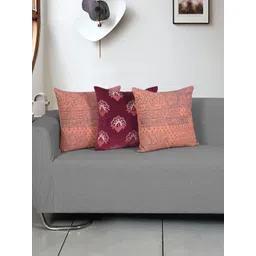 Ode & Cleo Peach-Coloured & Maroon Set of 3 Floral Square Cushion Covers-picture-38