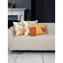 Ode & Cleo White & Orange 3 Pieces Embroidered Pure Cotton Square Cushion Covers-picture-31