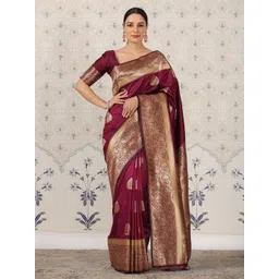 Ode by House of Pataudi Burgundy Ethnic Motifs Zari Pure Silk Banarasi Saree-picture-30