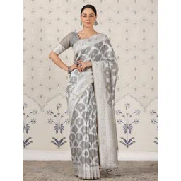 Ode by House of Pataudi Grey Leheriya Zari Pure Linen Banarasi Saree-picture-14