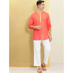 Ode by House of Pataudi Men Coral Pink & White Roazna Kurta with Trousers-picture-12