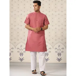 Ode by House of Pataudi Men Pink Regular Kurta with Pyjamas-picture-25