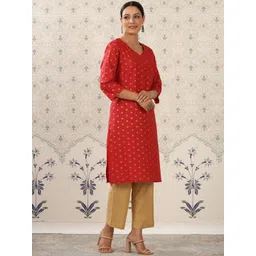 Ode by House of Pataudi Red & Beige Printed V Neck Pure Cotton Kurta With Palazzos-picture-41