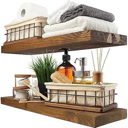 Wood Floating Shelves Set of 2 - Rustic Shelf 24 inch - Made in India - Wide Wooden Wall Shelves for Living Room Bedroom Kitchen Bathroom Farmhouse - Walnut Color - 24D x 6.7W x 1.2H-image-1