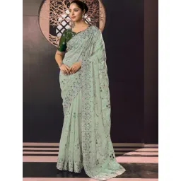 Odette Black Net Embellished Saree with Unstitched Blouse For Women-image-7