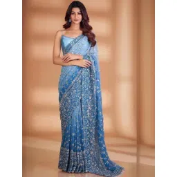 Odette Blue Embroidered Saree With Unstitched Blouse-picture-30