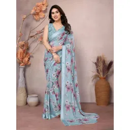 Odette Blue Satin Printed Saree With Unstitched Blouse-picture-48