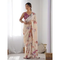 ODETTE Cream Chinon Printed Saree With Unstitched Blouse For Women-picture-15