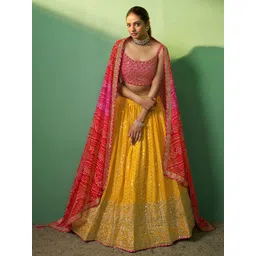 ODETTE Embroidered Mirror Work Semi-Stitched Lehenga & Unstitched Blouse With Dupatta-picture-27