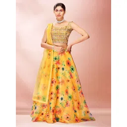 ODETTE Floral Printed Organza Mirror Work Ready to Wear Lehenga & Blouse With Dupatta-picture-10