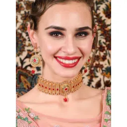 Odette Gold Red Mani Choker Necklace & Earring Set-picture-17