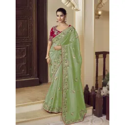 Odette Green Georgette Embroidered Saree With Unstitched Blouse-picture-18