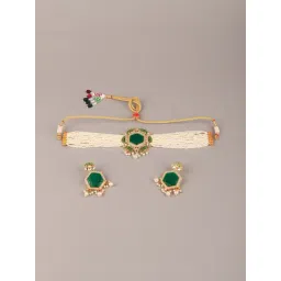 Odette Green-White Pearl-Kundan Necklace & Earring Set-picture-23