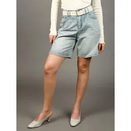 Odette Light Blue Denim Solid Shorts-picture-38