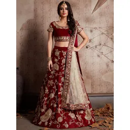 ODETTE Maroon & Cream-Coloured Embroidered Semi-Stitched Lehenga & Unstitched Blouse With Dupatta-picture-15