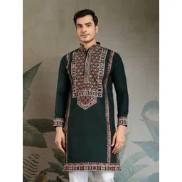 ODETTE Men Floral Embroidered Flared Sleeves Thread Work Kurta-picture-11