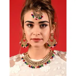 Odette Multicolour Adorable Pearl Necklace, Earring & MaangTikka Set-picture-28