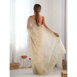 Odette Off White Organza Embroidered Saree With Unstitched Blouse image 2