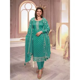 ODETTE Round Neck Floral Printed Sequinned Silk Georgette Kurta with Palazzo & Dupatta-picture-25