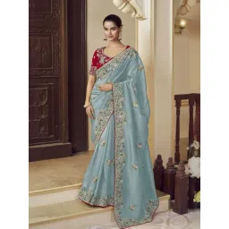Odette Sea Green Georgette Embroidered Saree With Unstitched Blouse-picture-19