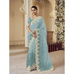 Odette Sea Green Organza Embellished Saree With Unstitched Blouse-picture-47