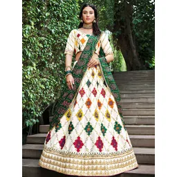 ODETTE White & Yellow Embroidered Semi-Stitched Lehenga & Blouse With Dupatta-picture-25
