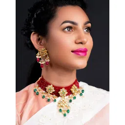 ODETTE Women Gold-Plated Mani Kundan Studded & Beaded Jewellery Set-picture-19