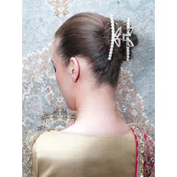 ODETTE Women White & Gold-Toned Beaded Claw Clip-picture-18