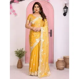 Odette Yellow Poly Chiffon Embroidered Saree With Unstitched Blouse-picture-20