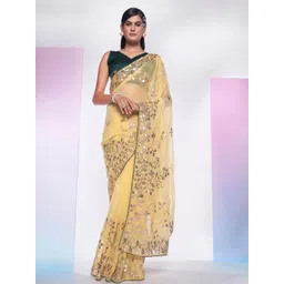 ODETTE Yellow Simmar Embroidered Saree With Unstitched Blouse For Women-picture-17