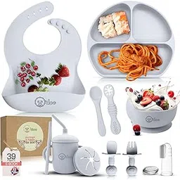 O'doe 11-Piece BPA-Free Silicone Baby Feeding Set | Thick & Soft Suction Plates, Baby Food Bowl, Wooden Fork & Spoon, and More | Make Mealtime Fun and Easy for Your Little One | Grey V1-picture-31
