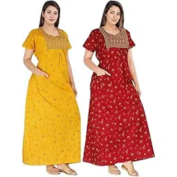 ofeefan Women’s Cotton Embroidered Jaipuri Nighty Gown – Pack of 2 Rajasthani Print Maxi Night Dress with Pocket – Soft & Comfortable Ladies Sleepwear & Loungewear-picture-56
