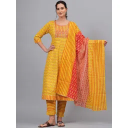 OH MI DIOS Women Floral Yoke Design Regular Pure Cotton Kurta with Trousers & With Dupatta-picture-37