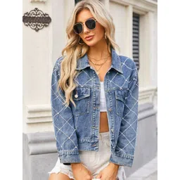 Oh Rare Geometric Embroidered Spread Collar Denim Jacket-picture-38