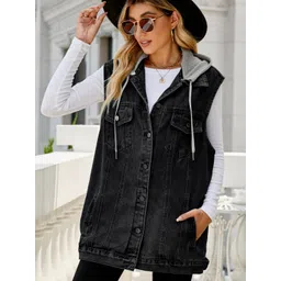 Oh Rare Hooded Sleeveless Longline Pockets Denim Jacket-picture-11