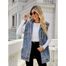 Oh Rare Hooded Sleeveless Longline Pockets Denim Jacket-picture-10