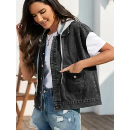 Oh Rare Hooded Sleeveless Longline Pockets Denim Jacket image 4