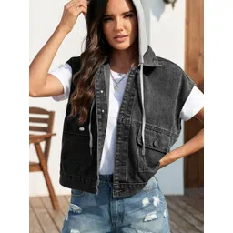 Oh Rare Hooded Sleeveless Longline Pockets Denim Jacket image 1