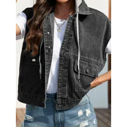 Oh Rare Hooded Sleeveless Longline Pockets Denim Jacket image 3