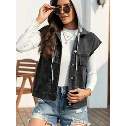 Oh Rare Hooded Sleeveless Pockets Denim Jacket-picture-13