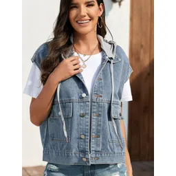 Oh Rare Hooded Sleeveless Pockets Denim Jacket-picture-15