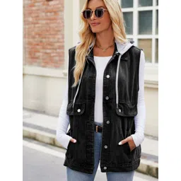 Oh Rare Hooded Sleeveless Pockets Denim Jacket-picture-19