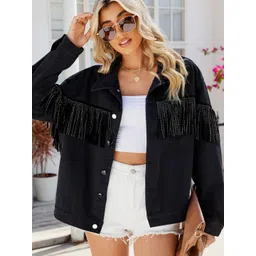 Oh Rare Spread Collar Drop-Shoulder Sleeves Studded Pockets Denim Jackets-picture-35