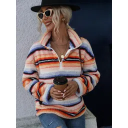 Oh Rare Women Striped Mock Collar Long Sleeves Half Zipper Double-Sided Velvet Sweatshirt-picture-19