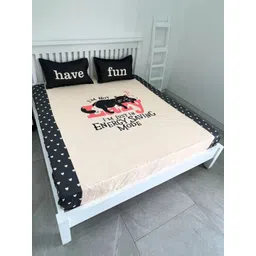 ohello Cream-Coloured & Grey Typography 260 TC King Bedsheet with 2 Pillow Covers-picture-24